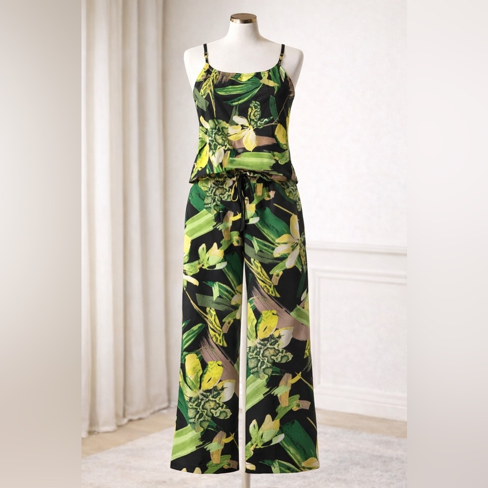 Bar III Black Tropical Print Wide-Leg Jumpsuit with Green & Yellow Accents